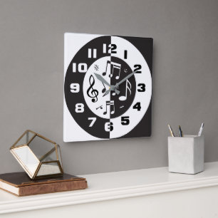 Contemporary black and white music design square wall clock