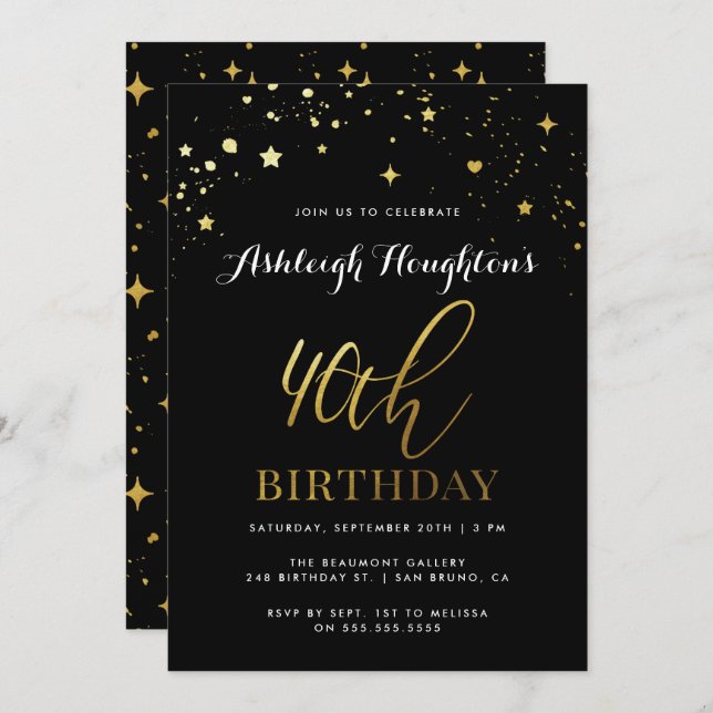 Contemporary Black & Gold Confetti 40th Birthday Invitation (Front/Back)