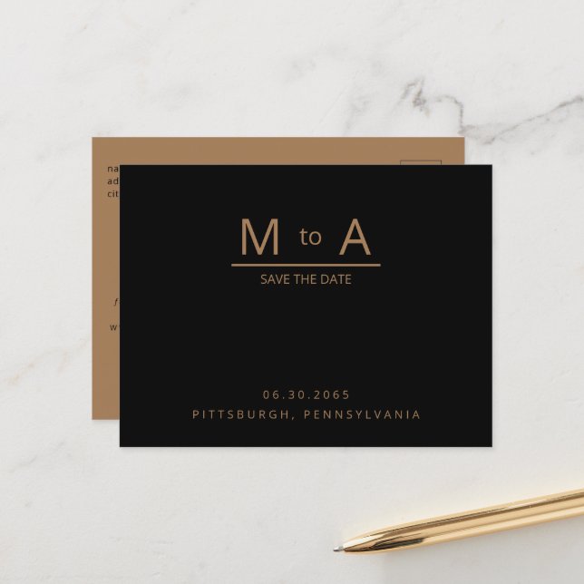 Contemporary Black & Gold Monogram Save the Date Announcement Postcard (Front/Back In Situ)
