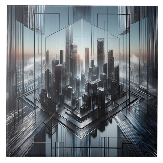 Contemporary Black Grey Metallic Futuristic City  Tile (Front)