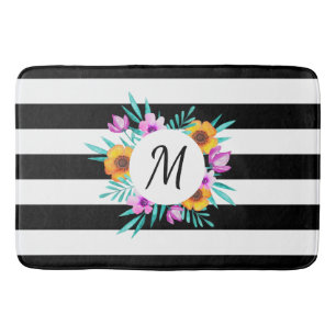 Contemporary Black Stripes Floral Monogram Bath Mat