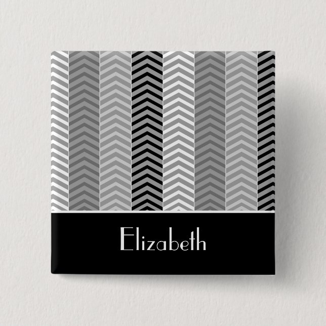 Contemporary Black White Chevron Stripes and Name 15 Cm Square Badge (Front)