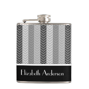 Contemporary Black White Chevron Stripes and Name Hip Flask