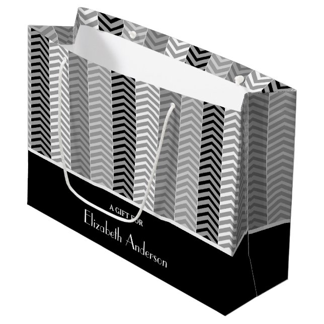 Contemporary Black White Chevron Stripes and Name Large Gift Bag (Front Angled)