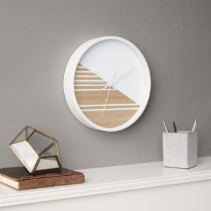 Contemporary Block Stripes Pattern On Faux Wooden Clock