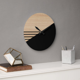 Contemporary Block Stripes Pattern On Faux Wooden Large Clock