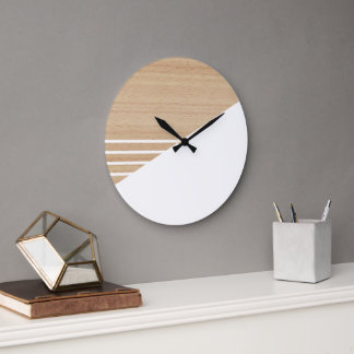 Contemporary Block Stripes Pattern On Faux Wooden Large Clock