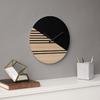 Contemporary Block Stripes Pattern On Faux Wooden Large Clock