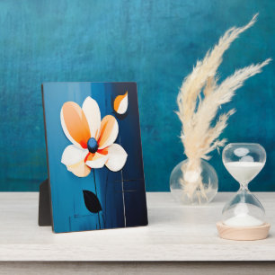 Contemporary Blue and Orange Floral Art Plaque