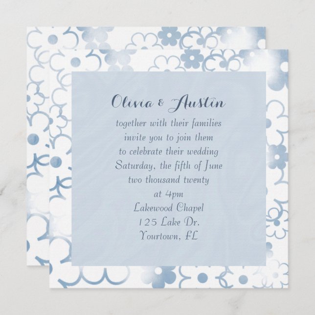 Contemporary blue floral design wedding invitation (Front/Back)