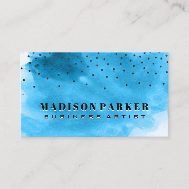 Contemporary Blue Watercolor | Dots Business Card (Front)