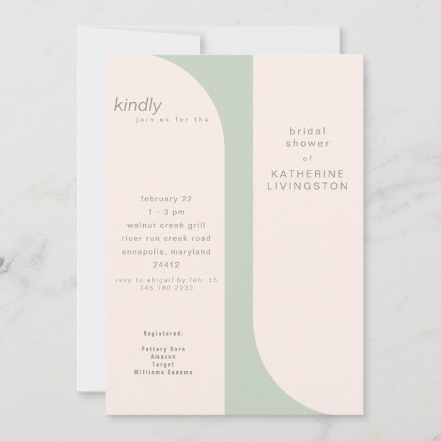 Contemporary Blush & Sage Bridal Shower Invitation (Front)