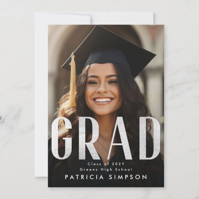 Contemporary Bold Silver Grey Foil GRAD Photo Announcement (Front)