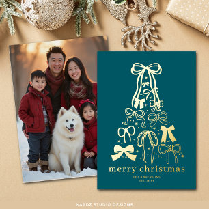 Contemporary Bow Blue Christmas Photo Foil Card