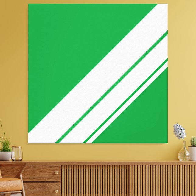 Contemporary Bright Green White Racing  Stripes Canvas Print (Insitu(LivingRoom))