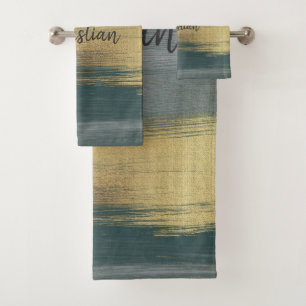 Contemporary brush strokes in green, grey and gold bath towel set