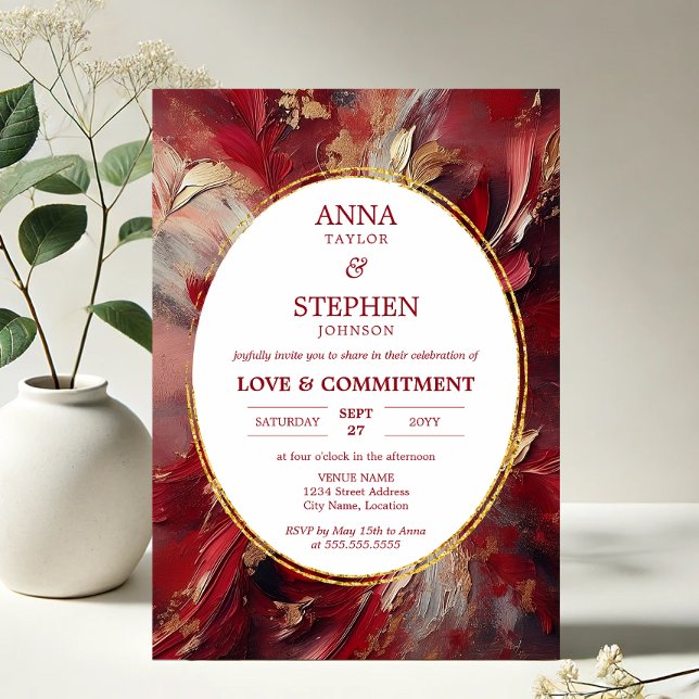 Contemporary Burgundy Elegance Commitment Ceremony Invitation (Contemporary Elegance in Burgundy brushstroke Commitment Ceremony invitation front in situ)