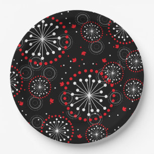 Contemporary Canada Day Fireworks and Maple Leaves Paper Plate