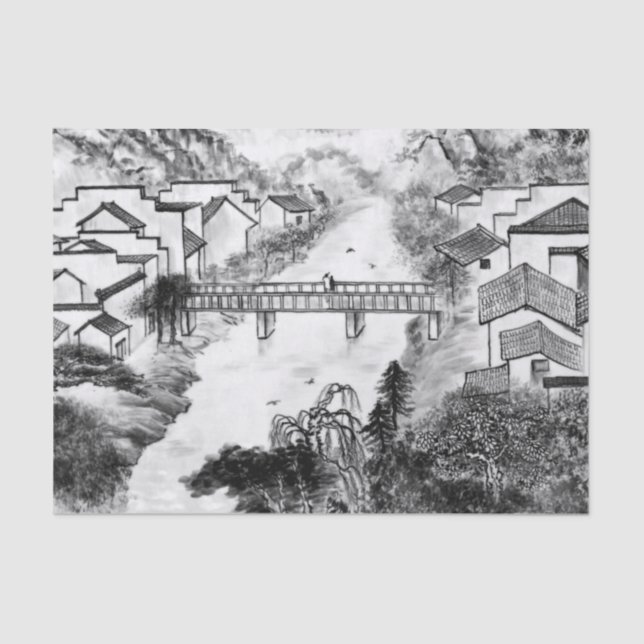 Contemporary Charcoal Town Scene Decoupage Tissue Paper (Front)