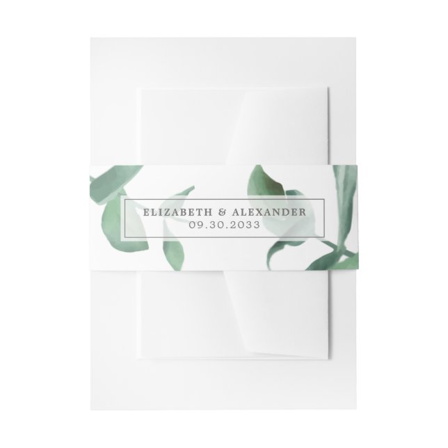 Contemporary classy eucalyptus greenery wedding invitation belly band (Front Example)