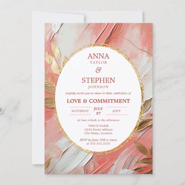 Contemporary Coral Elegance Commitment Ceremony Invitation (Front)