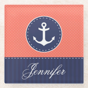 Contemporary Coral Pink Blue Anchor Custom Name Glass Coaster