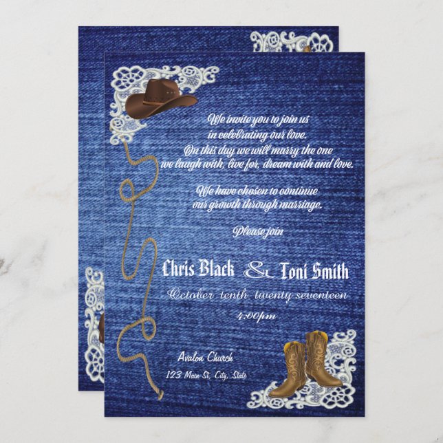 Contemporary Denim, Boots & Lace Wedding Invite (Front/Back)