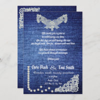 Contemporary Denim, Pearls & Lace Wedding Invite