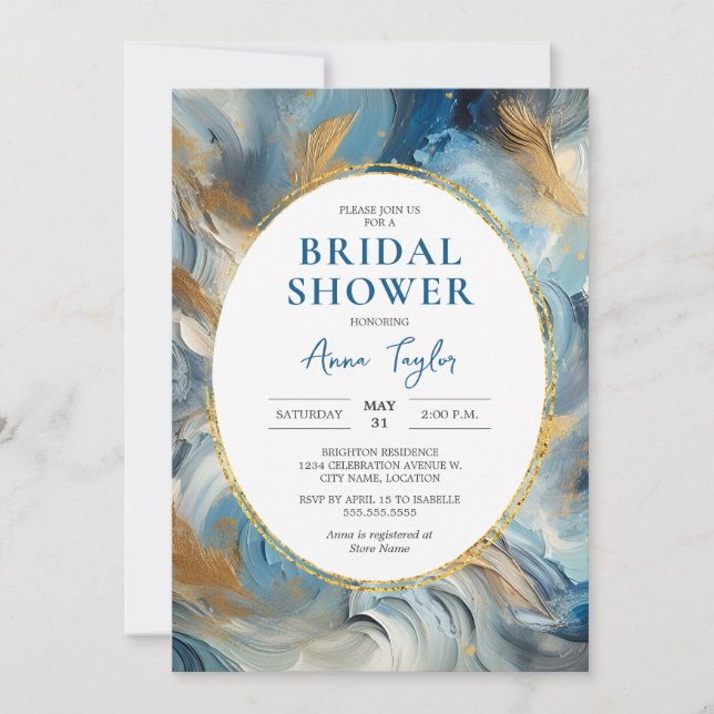 Contemporary Elegance: Blue Gold Bridal Shower Invitation (Front)