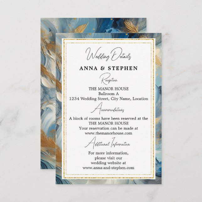 Contemporary Elegance: Blue White Gold Details Enclosure Card (Front/Back)