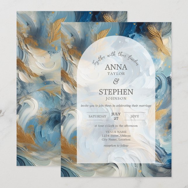 Contemporary Elegance: Blue White Gold Wedding Invitation (Front/Back)