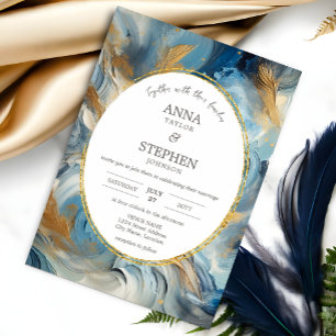 Contemporary Elegance: Blue White Gold Wedding Invitation