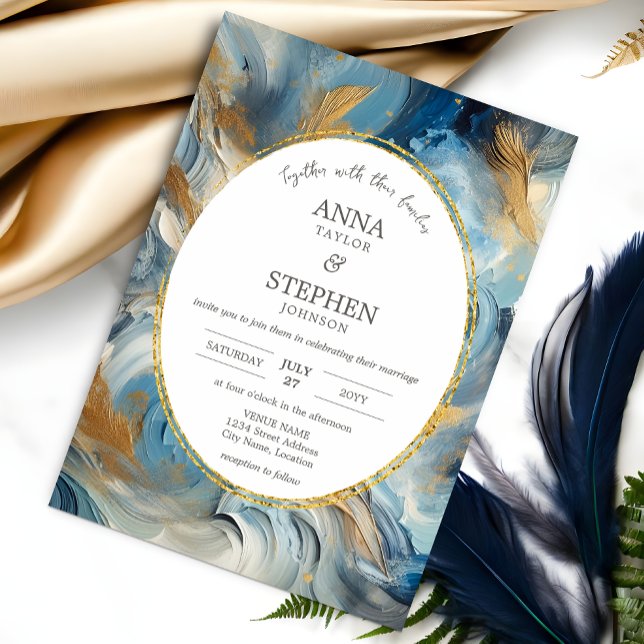 Contemporary Elegance: Blue White Gold Wedding Invitation (Contemporary elegance in colors of blue, white, and gold wedding invitation design front view.)