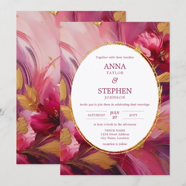 Contemporary Elegance: Fuchsia Pink Gold Wedding Invitation (Front/Back)