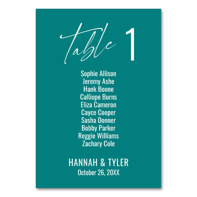 Contemporary Elegant Teal Single Digit Table Number (Front)