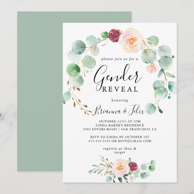 Contemporary Eucalyptus Floral Gender Reveal Party Invitation (Front/Back)