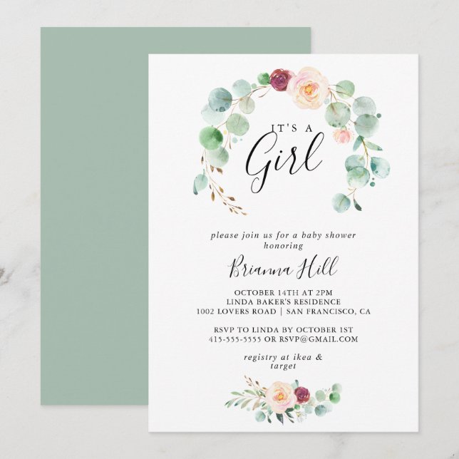 Contemporary Eucalyptus It's A Girl Baby Shower Invitation (Front/Back)