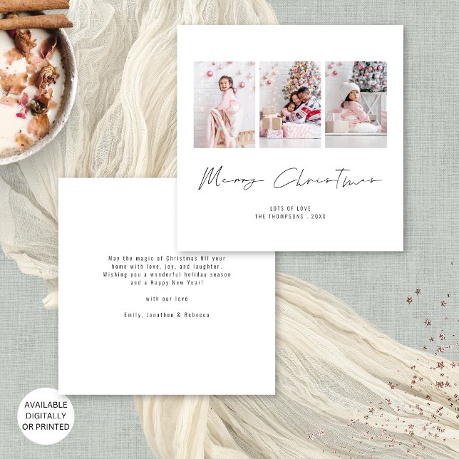 Contemporary Family 3 Photos Merry Christmas Holiday Card (Contemporary square alternative available digitally or printed)