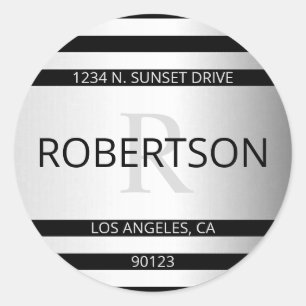 Contemporary Faux Silver Ombre Stripes & Black Classic Round Sticker