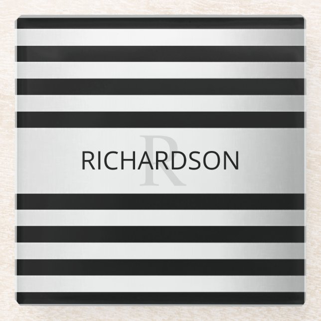 Contemporary Faux Silver Ombre Stripes & Black Glass Coaster (Front)