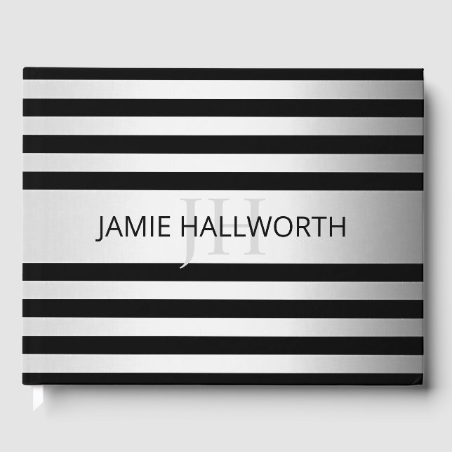 Contemporary Faux Silver Ombre Stripes & Black Guest Book (Front)