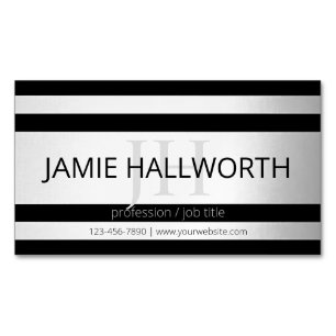 Contemporary Faux Silver Ombre Stripes & Black Magnetic Business Card