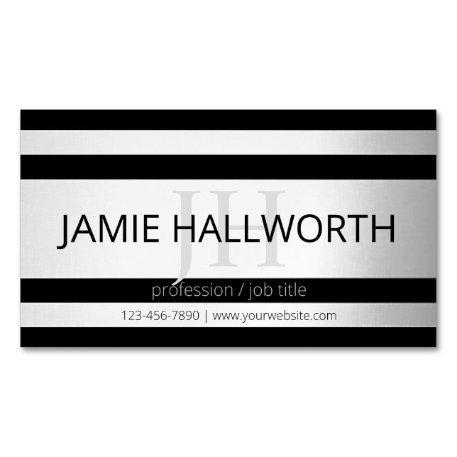 Contemporary Faux Silver Ombre Stripes & Black Magnetic Business Card (Front)