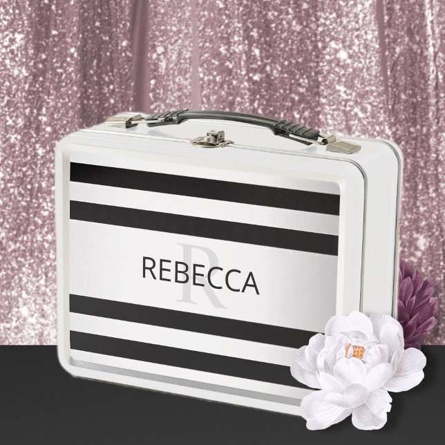 Contemporary Faux Silver Ombre Stripes & Black Metal Lunch Box (Creator Uploaded)