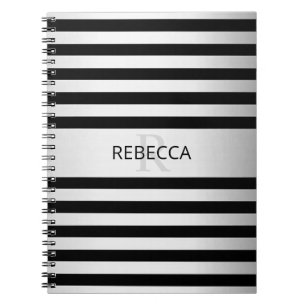 Contemporary Faux Silver Ombre Stripes & Black Notebook