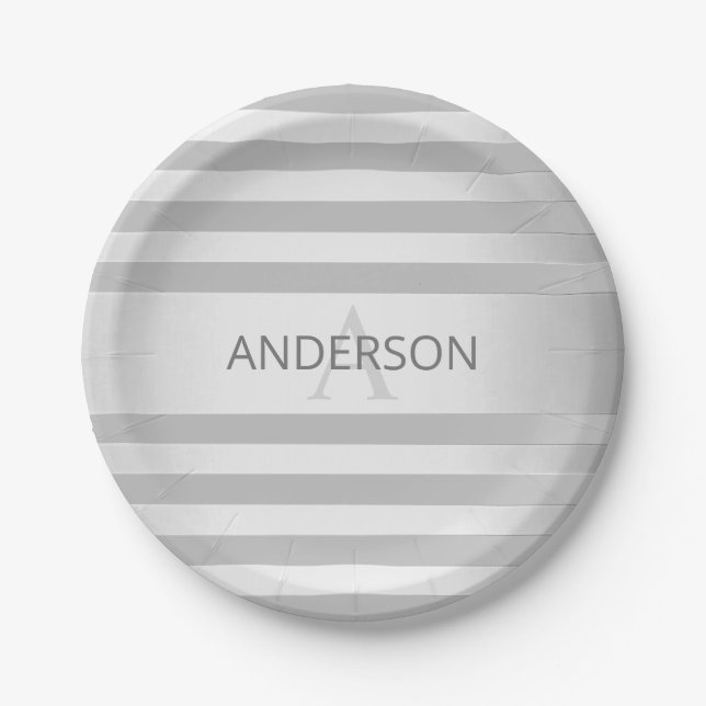 Contemporary Faux Silver Ombre Stripes & Black Paper Plate (Front)