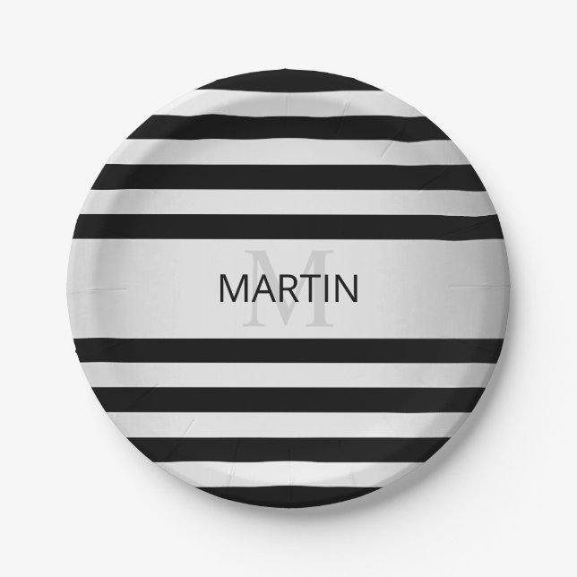 Contemporary Faux Silver Ombre Stripes & Black Paper Plate (Front)