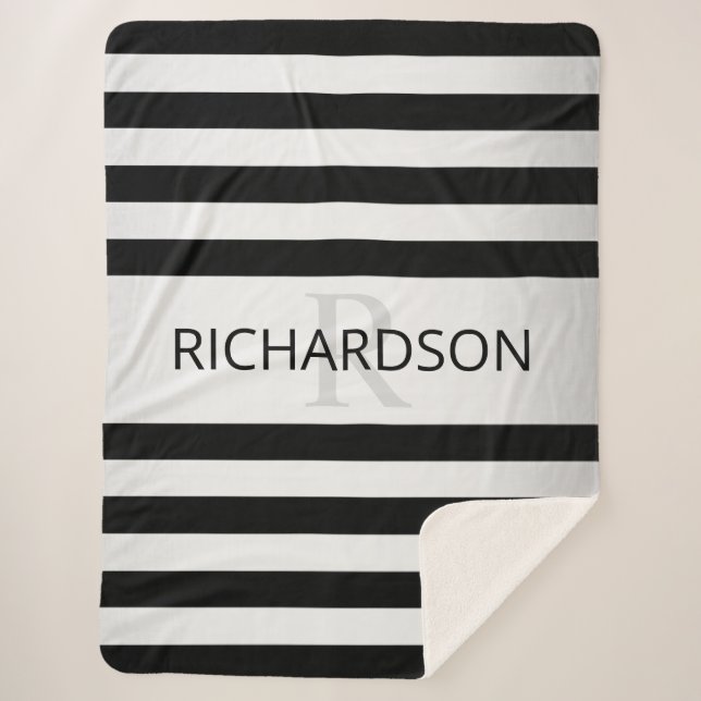 Contemporary Faux Silver Ombre Stripes & Black Sherpa Blanket (Front)