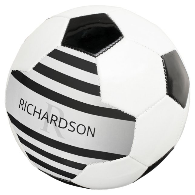 Contemporary Faux Silver Ombre Stripes & Black Soccer Ball (Three Quarter)