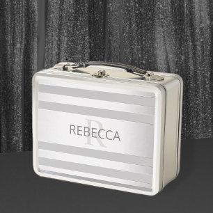Contemporary Faux Silver Ombre Stripes & Grey Metal Lunch Box